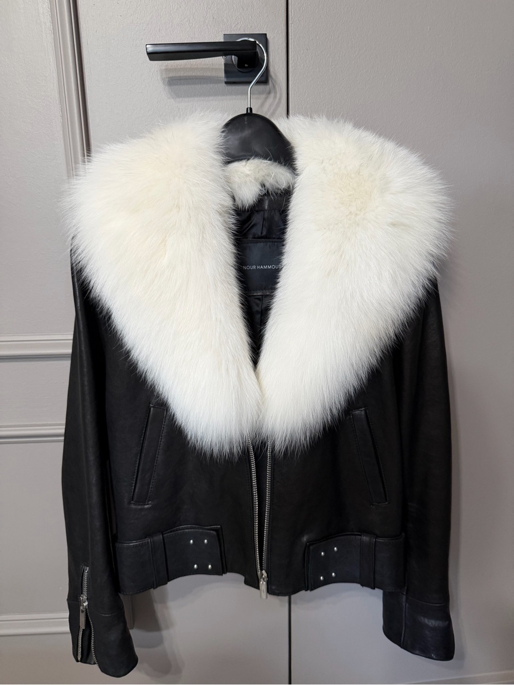Nour Hammour Black Leather Jacket with white  100% removableFox Fur Shawl Collar